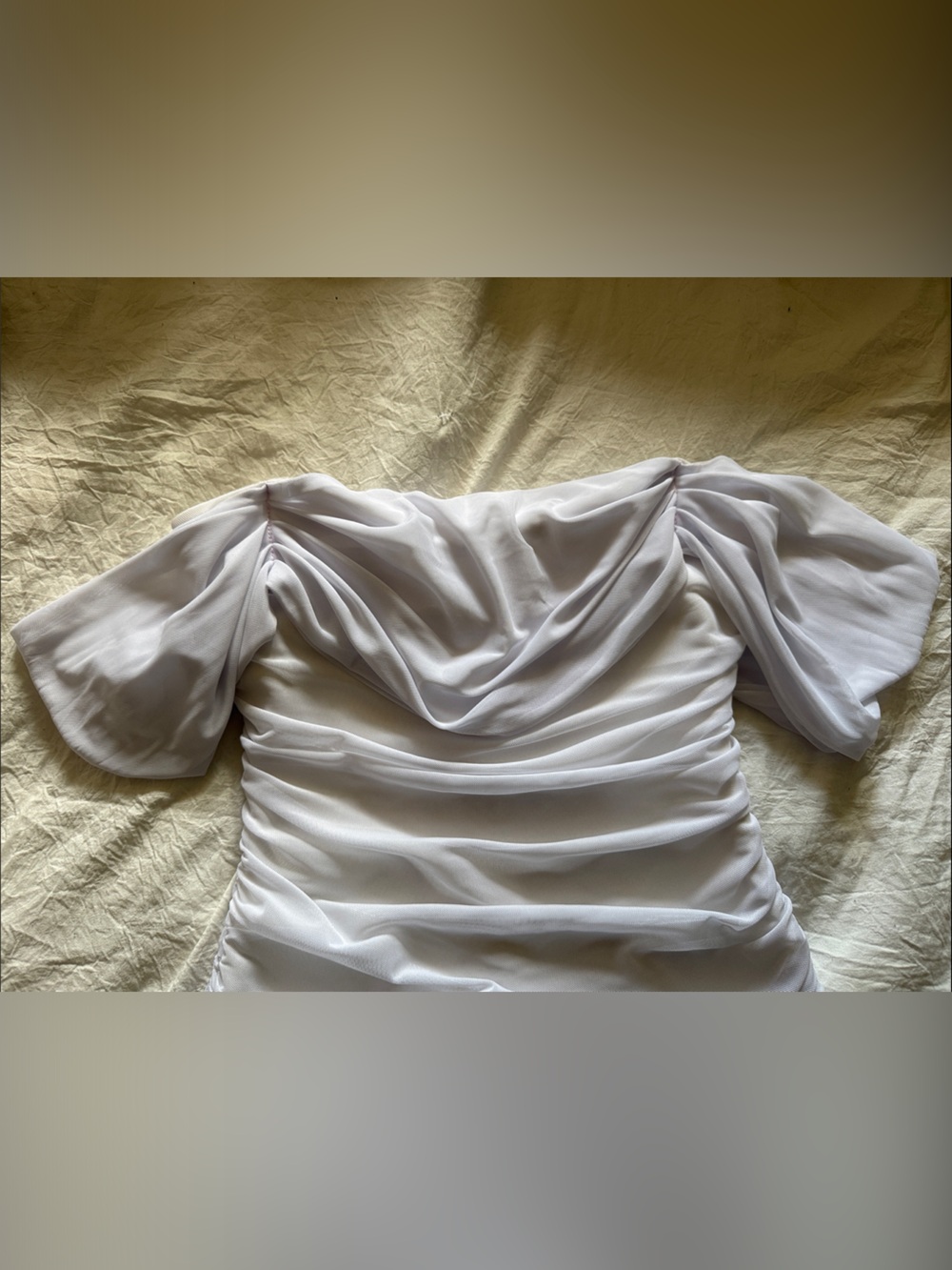 Off-Shoulder Ruched White Midi Dress - Picture 6 of 8